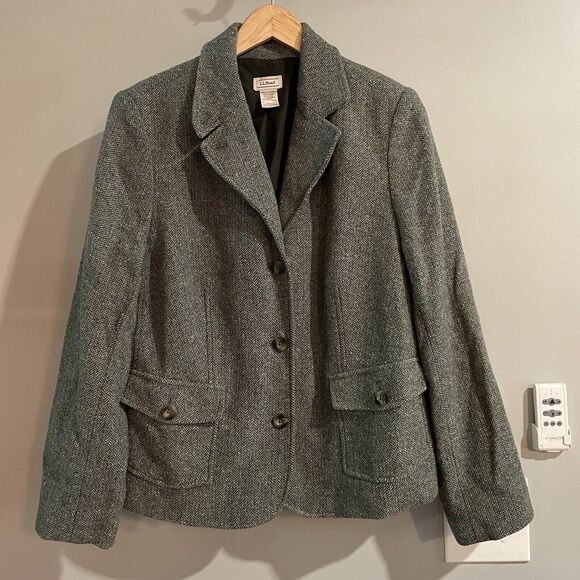 LL Bean Blazer Galway Jacket Herringbone Wool Silk Wool Blend Button‎ Up Large - Picture 1 of 10